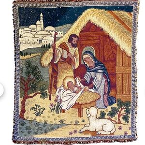 Christmas Tapestry Afghan Throw Nativity Manger Lamb Joseph Mary Jesus 57x49 in.